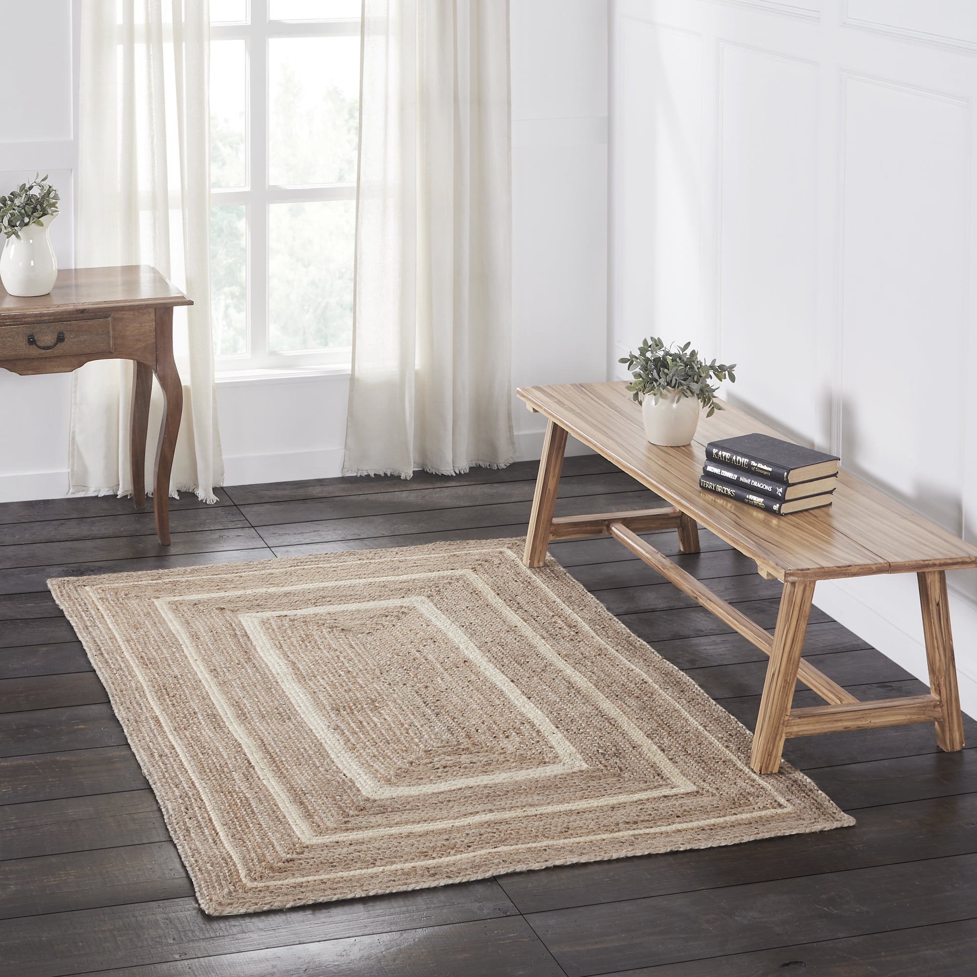 Natural Tan and Creme Braided Jute Rectangle Rug with Non-slip Pad, 48x72