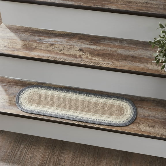 VHC Brands Jute Stair Tread Latex, Jute Entry, Living Room Stair Tread, Braided, Farmhouse, Finders Keepers Collection, Oval 8.5x27, Stone Grey