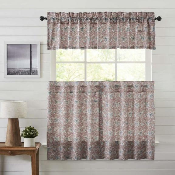 VHC Brands Kaila 3 PC Dusty Rose Curtain Set (1 Valance 16x72 and 2 Tier 36x36)