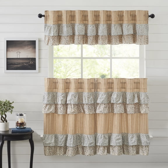 VHC Brands Kaila 3 PC Gold Ruffled Curtain Set (1 Valance 16x72 and 2 Tier 36x36)