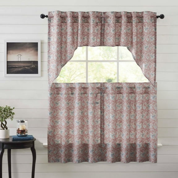 VHC Brands Kaila 4 PC Dusty Rose Curtain Set (2 Swag 36x16 and 2 Tier 36x36)