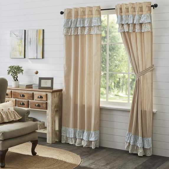 VHC Brands Kaila Country Cottage Ruffled Gold Ticking Stripe Living Room Curtain Panel Set 84x41