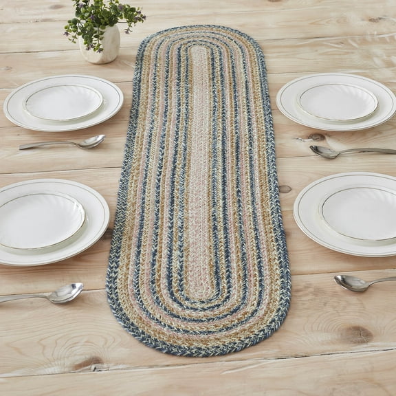 VHC Brands Kaila Farmhouse 12"x48" Table Runner Blue Textured Jute/Wool Blend Striped Oval Kitchen Table Decor