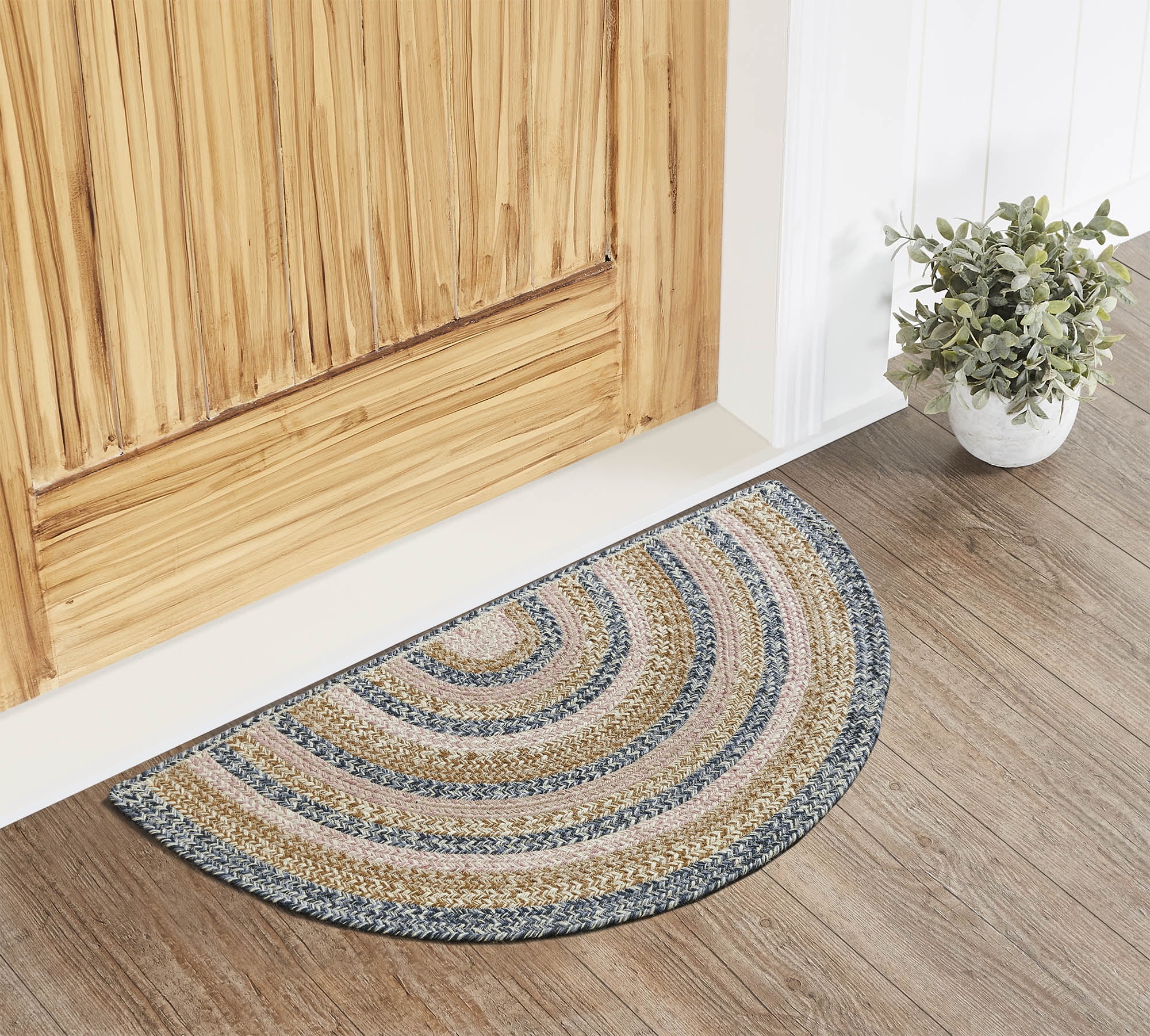 VHC Brands Kaila Farmhouse 19.5"x36" Accent Rug Blue Textured Jute Striped Pad Half Circle Floor Decor