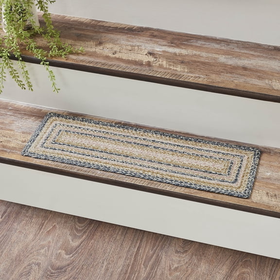 VHC Brands Kaila Farmhouse 8.5"x27" Stair Tread Blue Textured Jute Striped Latex Backing Rectangle Floor Decor