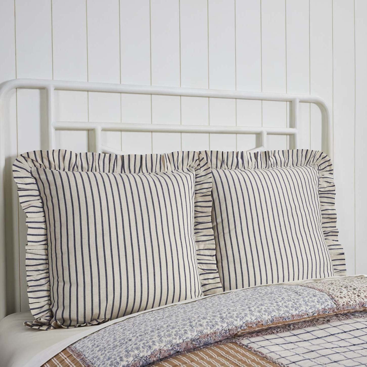 Navy and Cream Cotton Stripe Euro Sham with Ruffled Edge