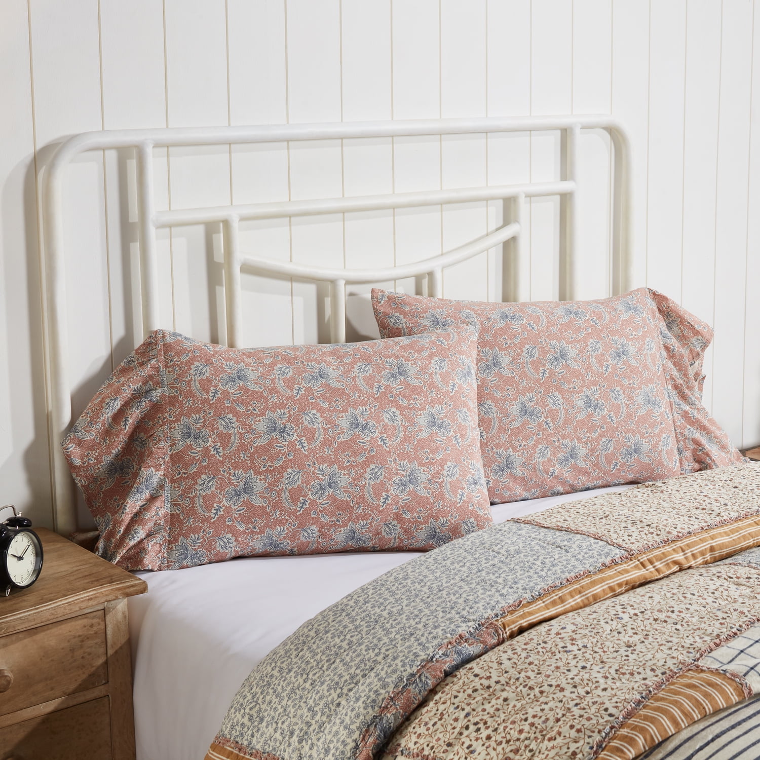 Dusty Rose and Navy Floral Cotton Standard Pillowcase Set with Ruffle