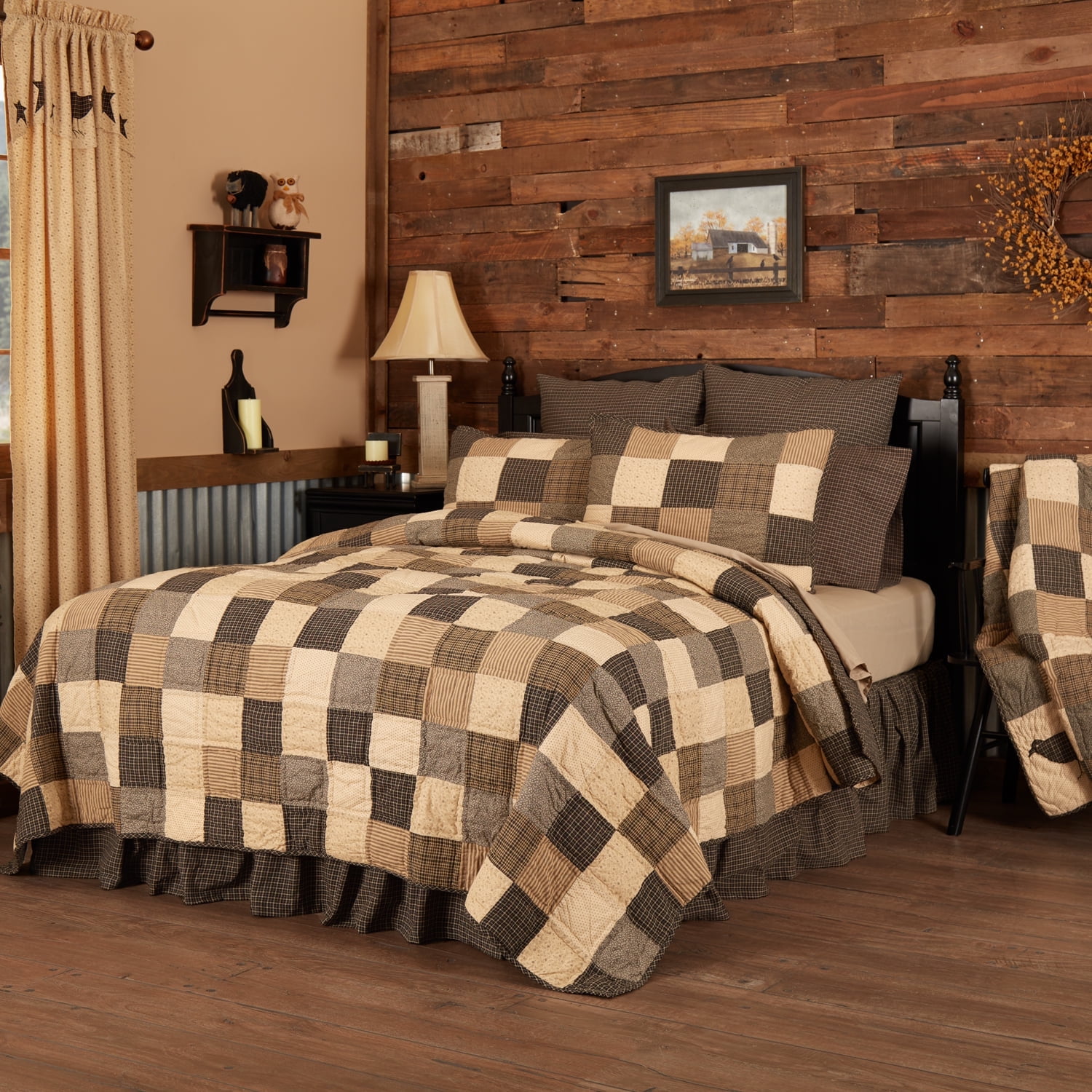 Black and Beige Cotton Twin Reversible Quilt Set