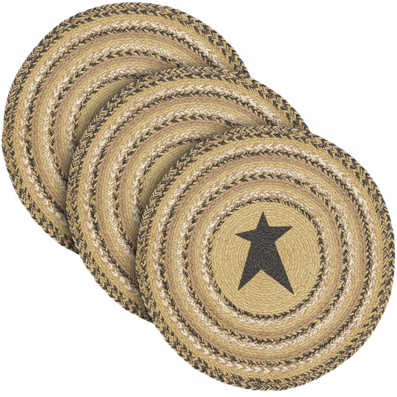VHC Brands Kettle Grove, Braided Jute Mat Trivet Placemat, Star, Round, Black Tan, 15 inch, Set of 3