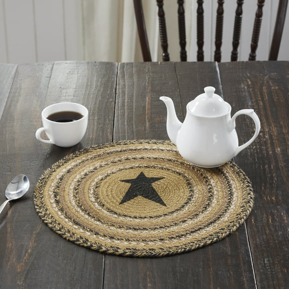 VHC Brands Kettle Grove, Braided Jute Mat Trivet Placemat, Star, Round, Black Tan, 15 inch