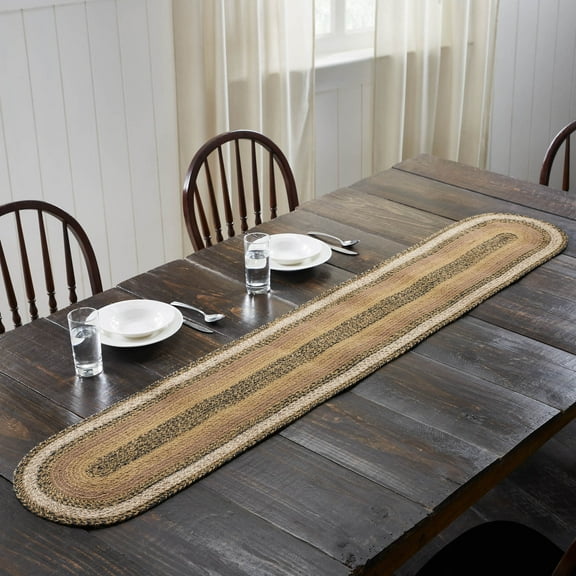 VHC Brands Kettle Grove, Braided Jute Table Runner, Oval, Tan & Black, 13x72