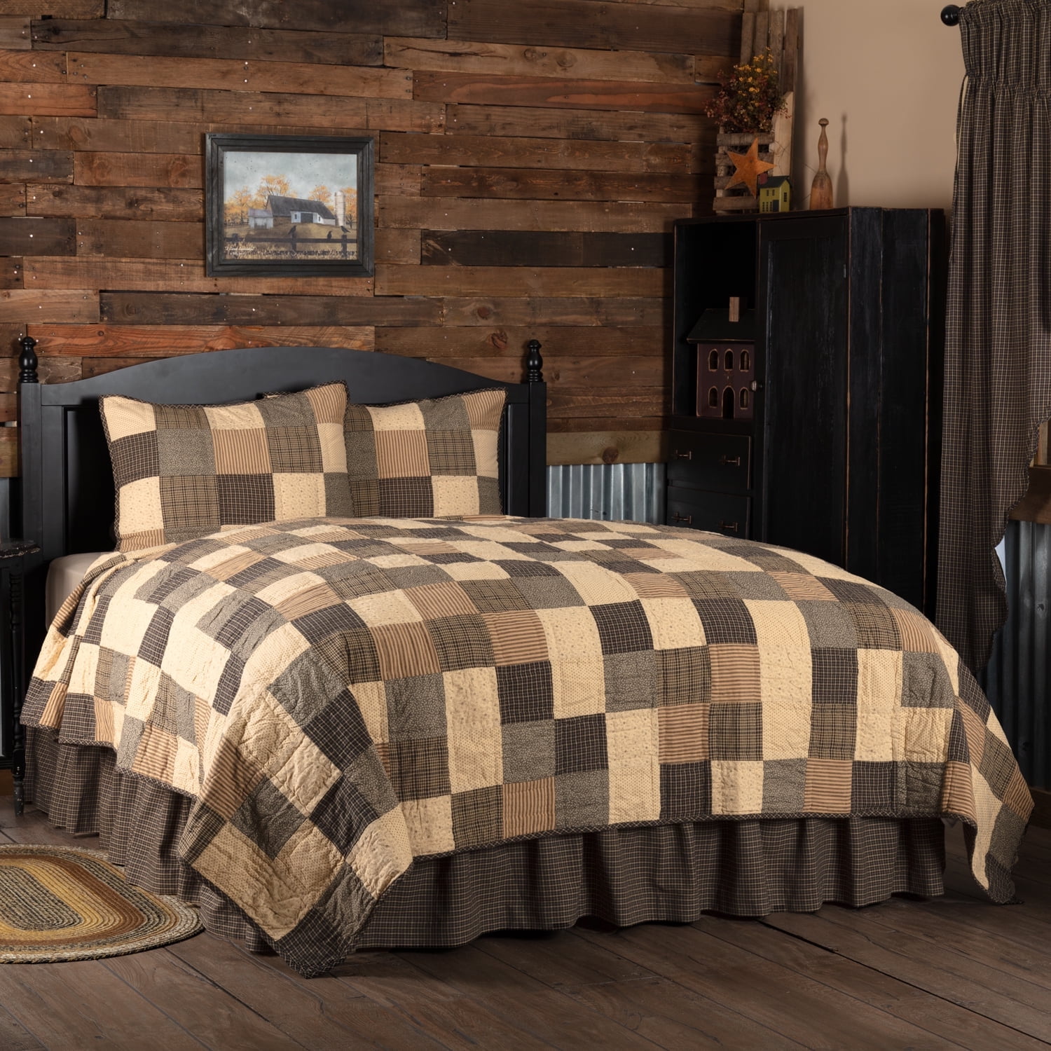 Kettle Grove Queen Black and Beige Cotton Patchwork Quilt Set