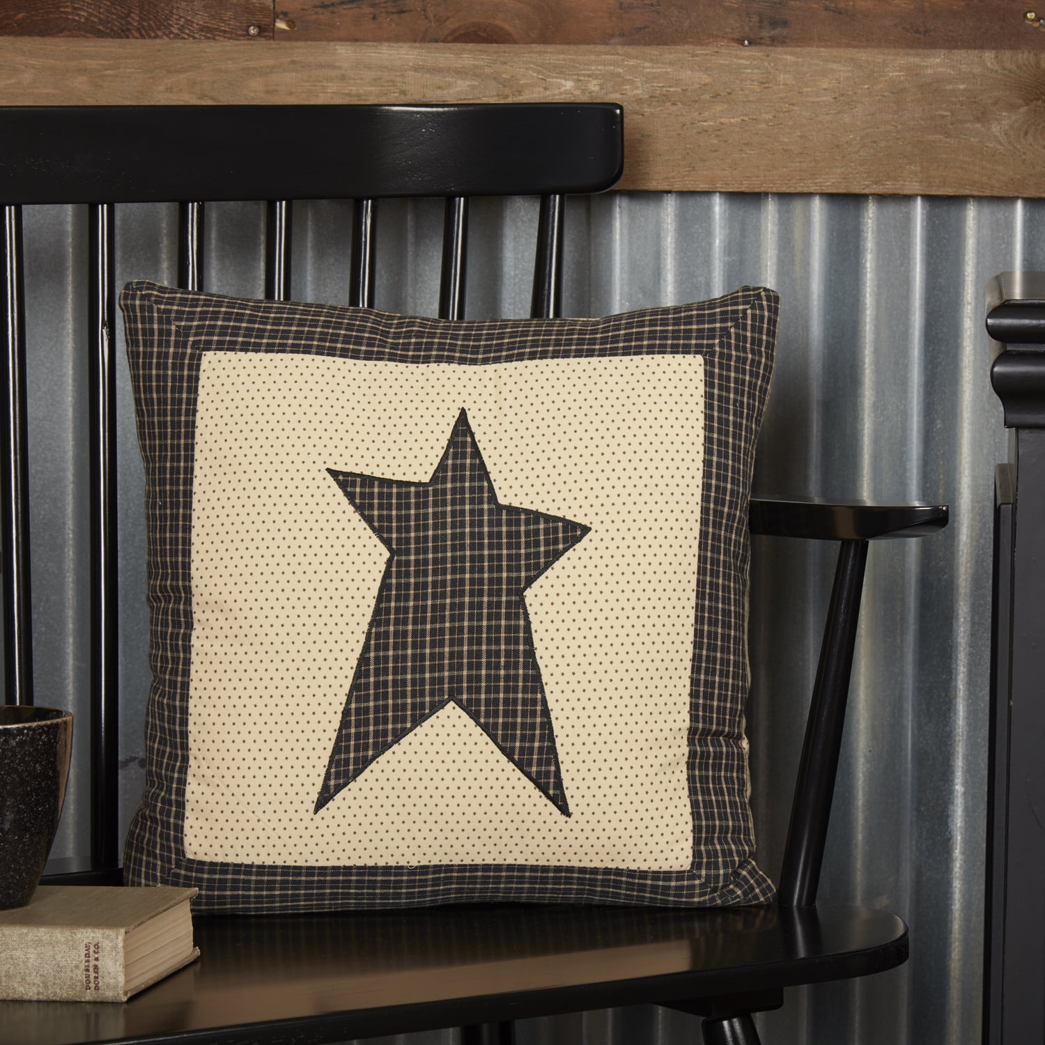 16" Black and Cream Plaid Star Embroidered Cotton Pillow