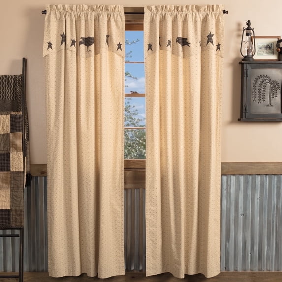VHC Brands Kettle Grove, Panel with Attached Applique Crow and Star Valance Set of 2, 84x40