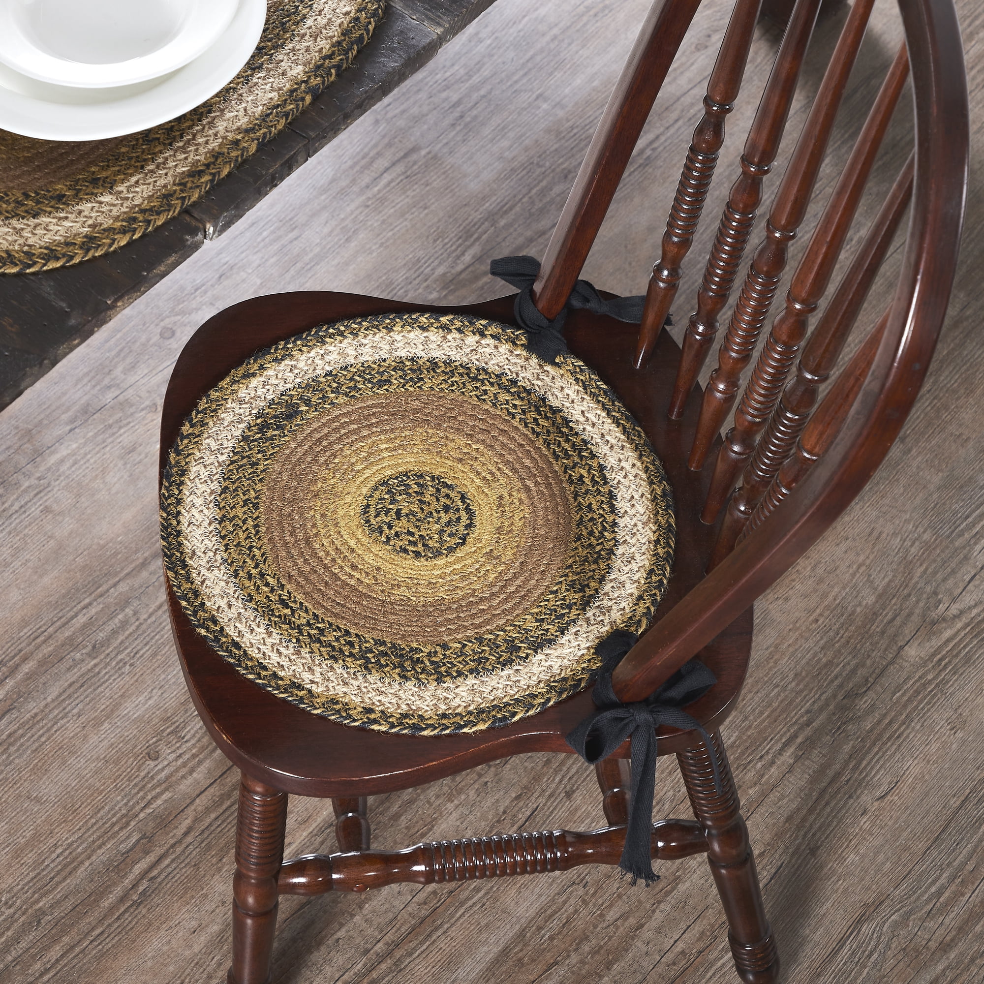 VHC Brands Kettle Grove Primitive Chair Pad Seat Cushion Round Braided Jute Tan Black 15 inch