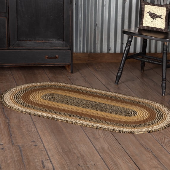 VHC Brands Kettle Grove Primitive Decor Jute Black Accent Rug Oval w/Floor Pad 27"x48"