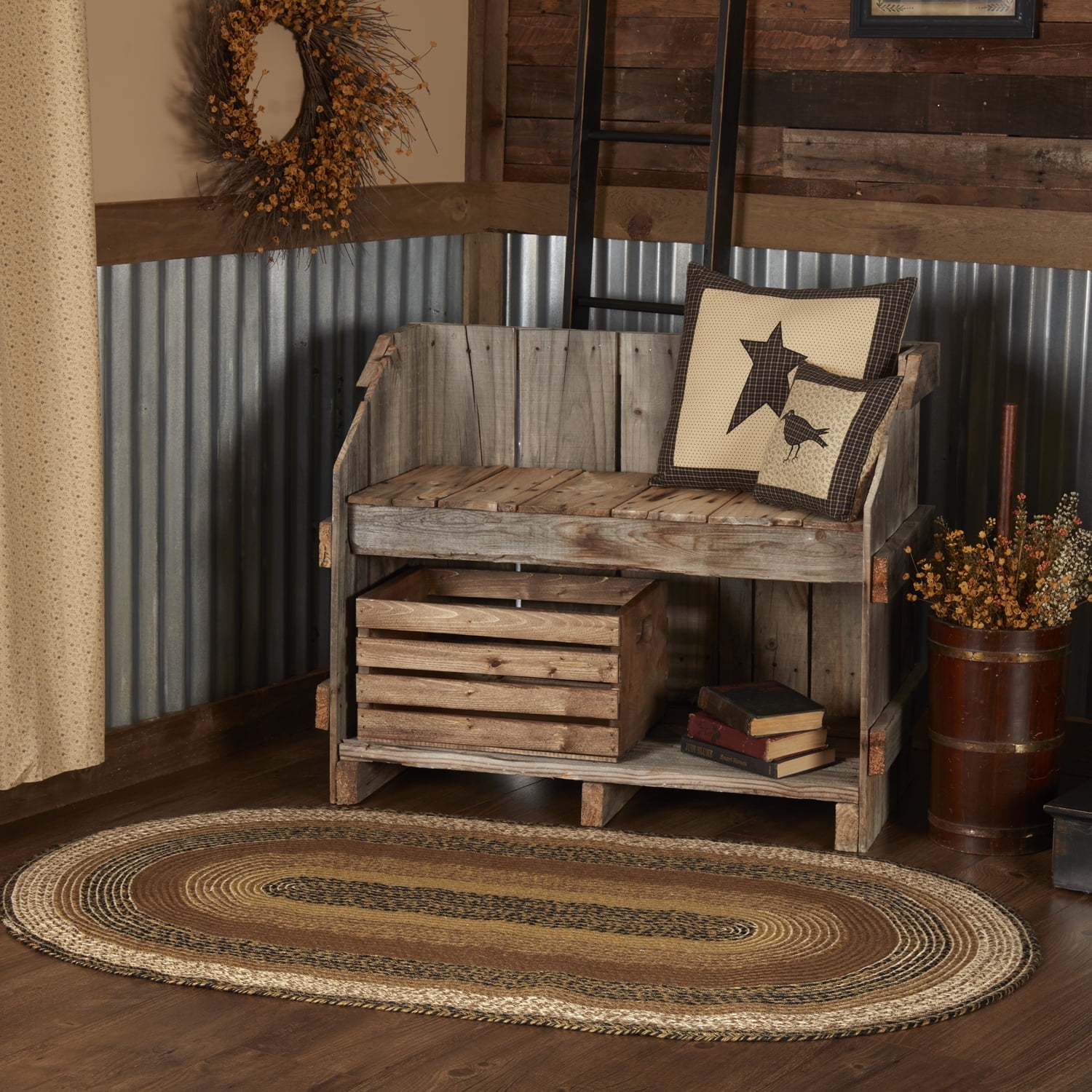 Kettle Grove Black and Caramel Jute Oval Rug with PVC Pad