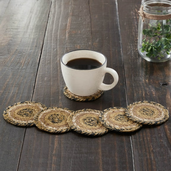 VHC Brands Kettle Grove, Primitive Jute Coasters, Tan & Black, 4 inch, Set of 6