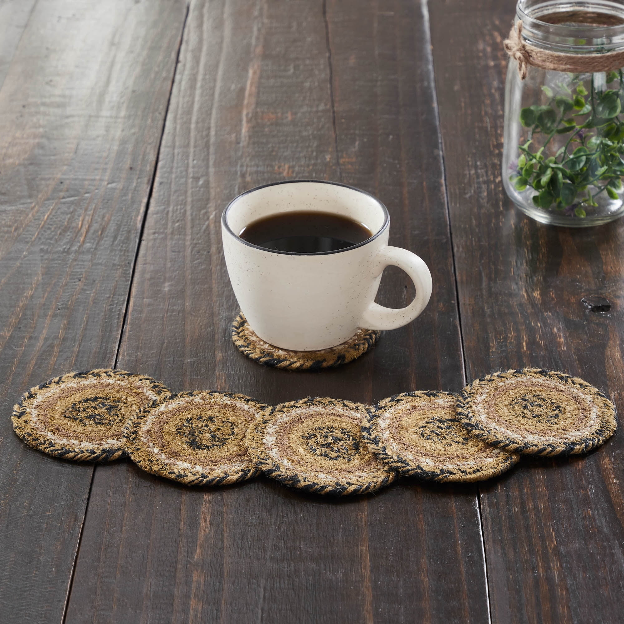 Primitive Tan and Black Braided Jute Coasters, Set of 6