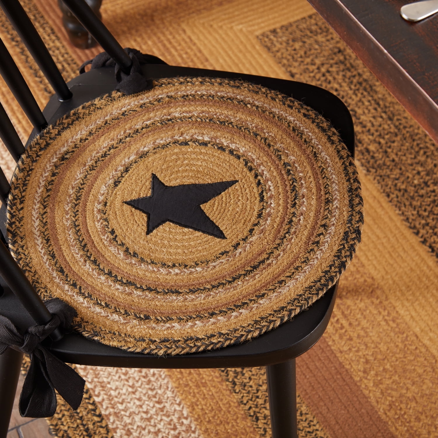 Kettle Grove 15" Round Jute Chair Pads with Black Star Set