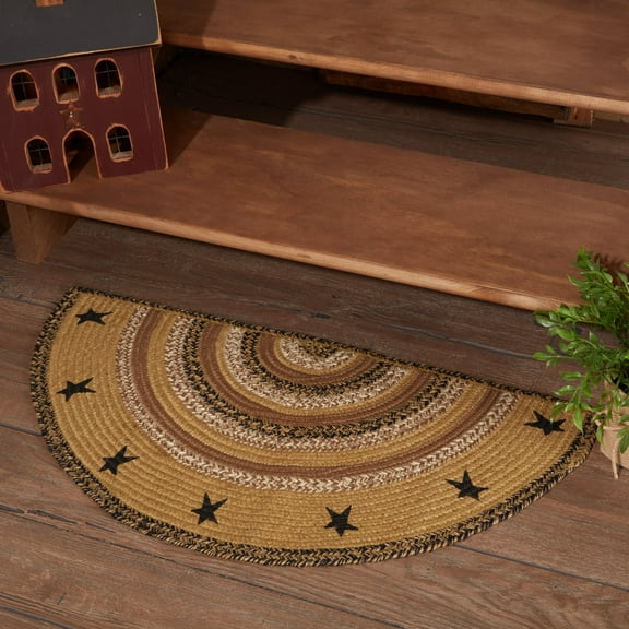 VHC Brands Kettle Grove Primitive Jute Tan Accent Rug Half Circle Stencil Stars w/Floor Pad 16.5"x33"