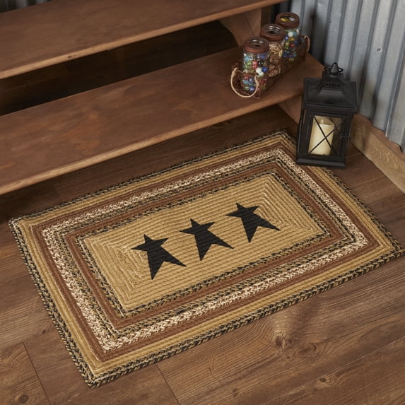 VHC Brands Kettle Grove Primitive Jute Tan Accent Rug Rectangle Stencil Stars w/Floor Pad 24"x36"