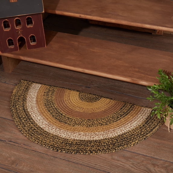 VHC Brands Kettle Grove Primitive Jute Tan Striped Rug Half Circle Decor w/Floor Pad 16.5"x33"