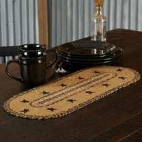 VHC Brands Kettle Grove Primitive Jute Tan Textured Oval Table Runner Stencil Stars Border 8"x24"