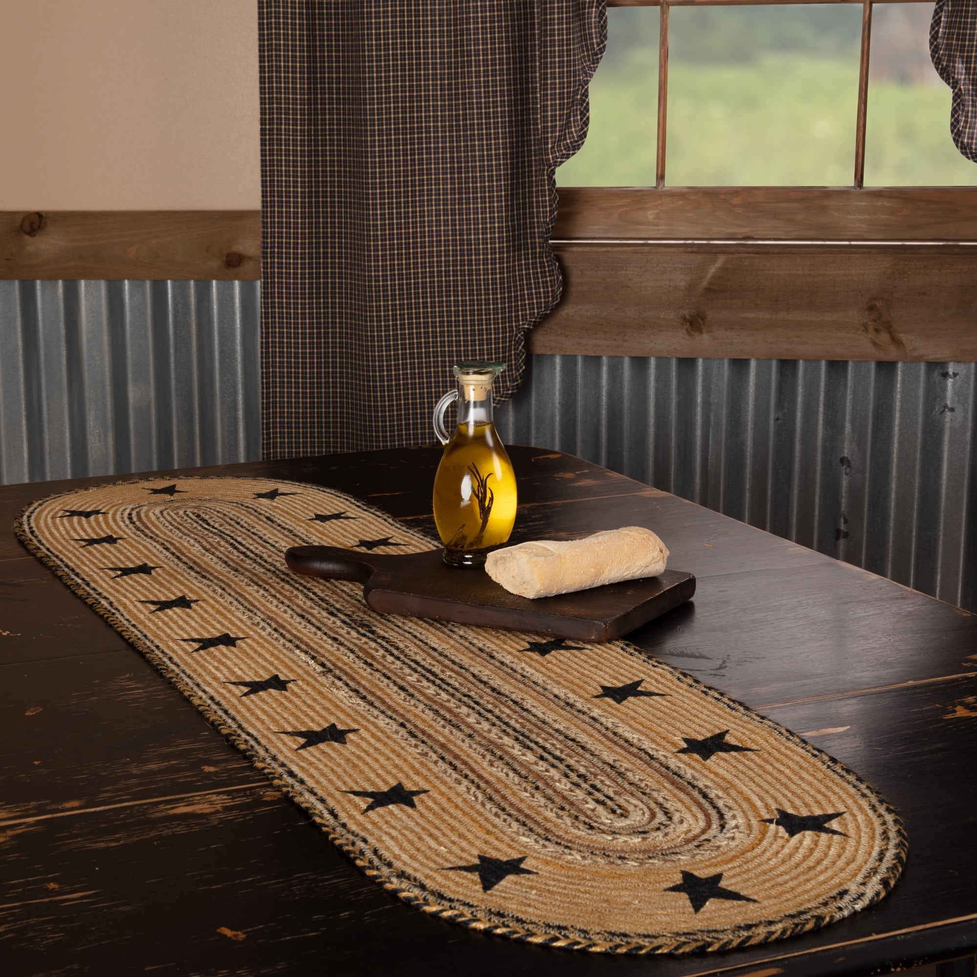 VHC Brands Kettle Grove Primitive Stars Border Table Jute Runner Stenciled Textured Jute 13x48