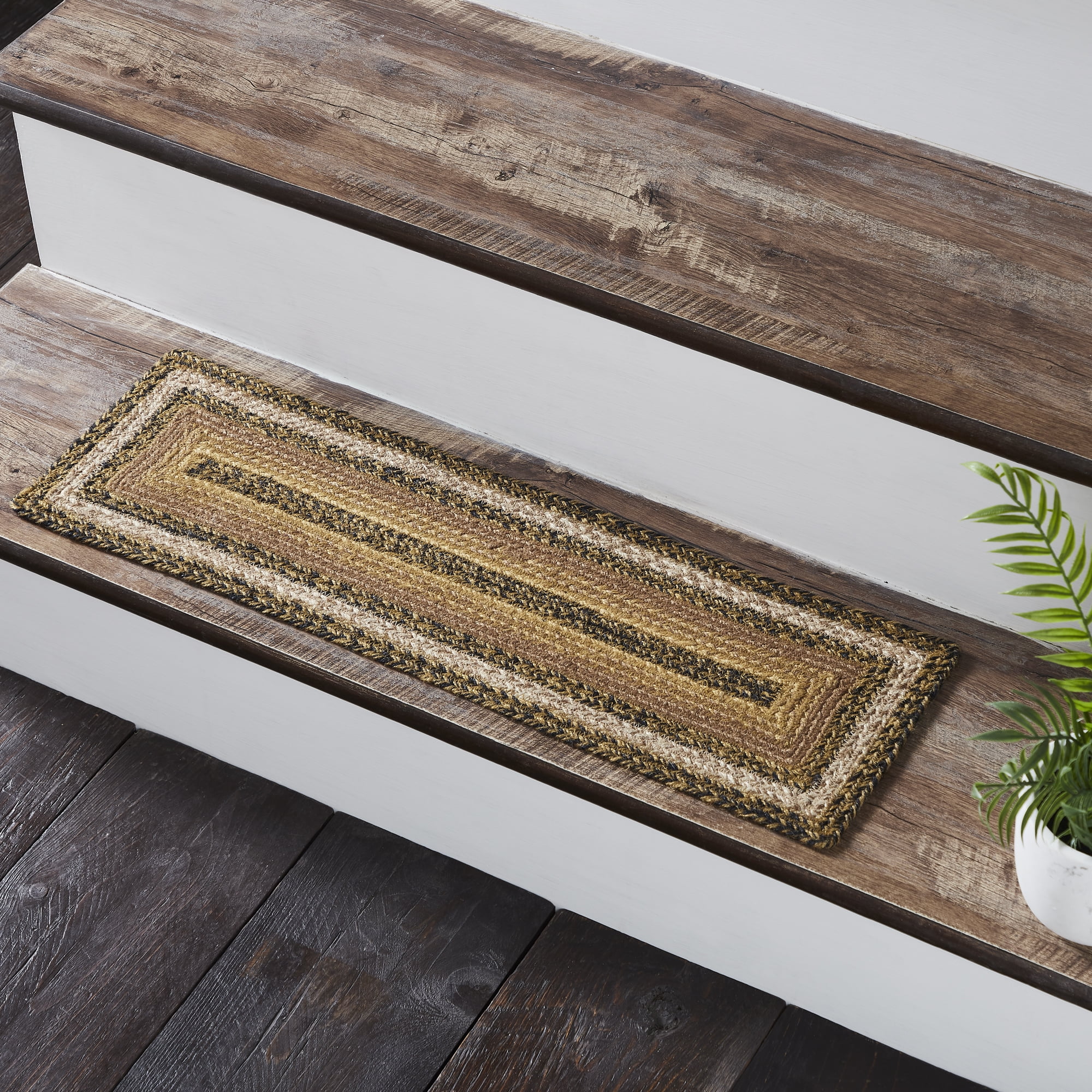 Tan and Black Braided Jute Stair Tread with Latex Backing