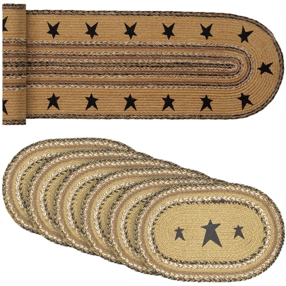 VHC Brands Kettle Grove Star Jute Natural 13x72 Table Runner & 6 pc 10x15 Placemat Set