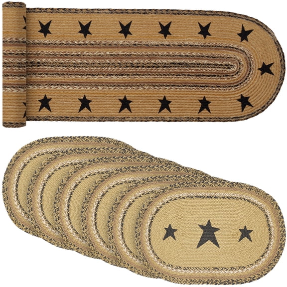 VHC Brands Kettle Grove Star Jute Natural 13x72 Table Runner & 6 pc 12x18 Placemat Set