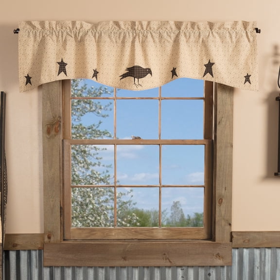 VHC Brands Kettle Grove Window Curtain, Applique Crow and Star Valance, Tan, 16x60
