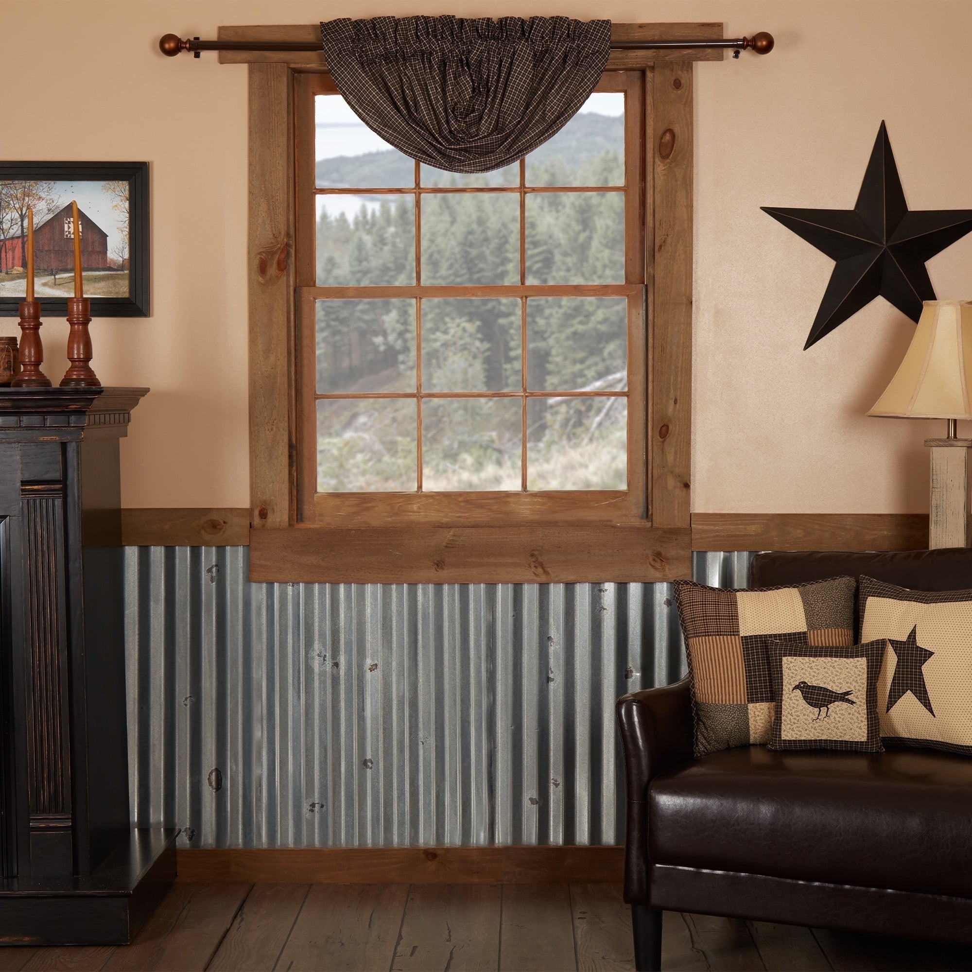 VHC Brands Kettle Grove Window Curtain, Plaid Balloon Valance, Black, 15x60