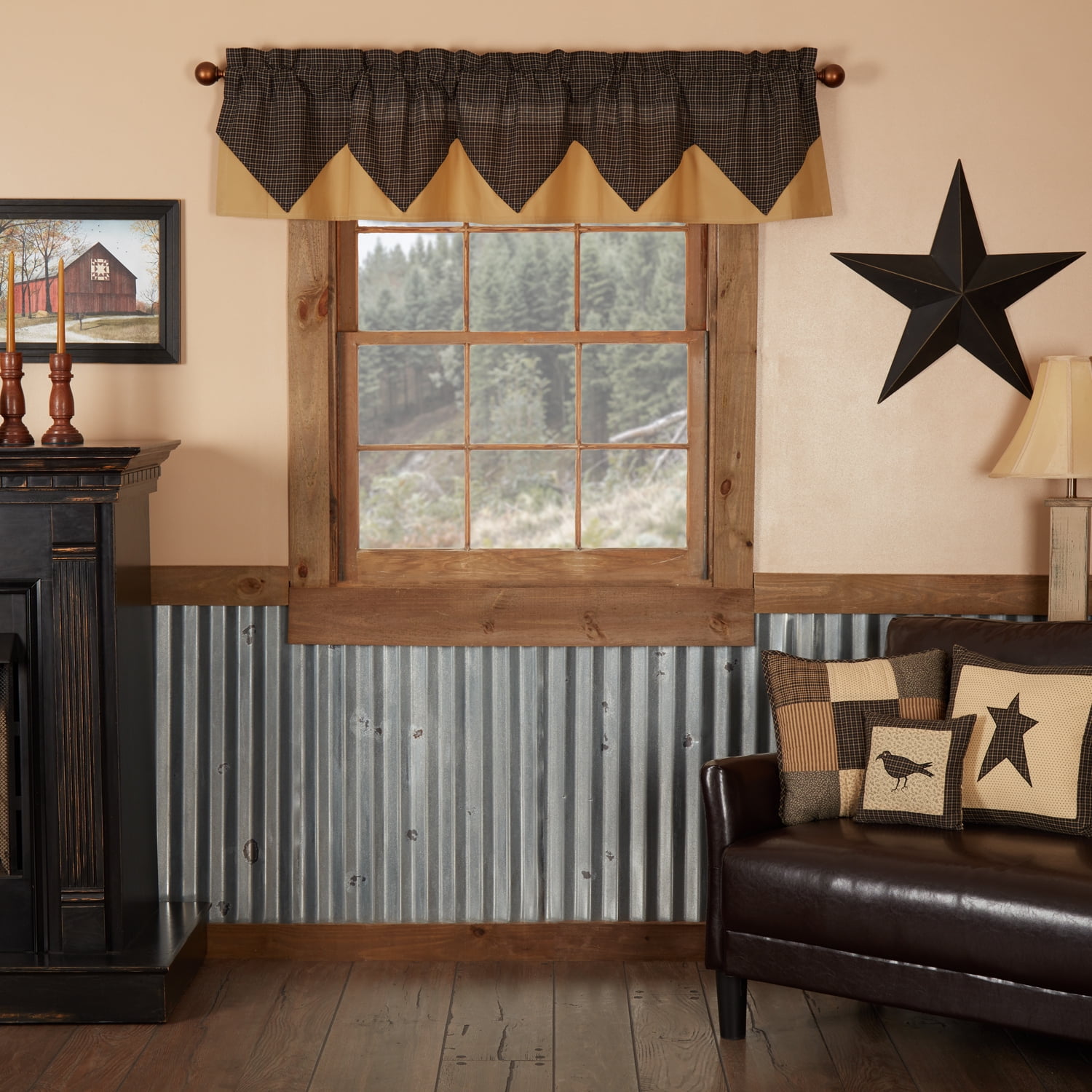 Kettle Grove Black and Khaki Plaid Layered Valance, 16x72 Cotton