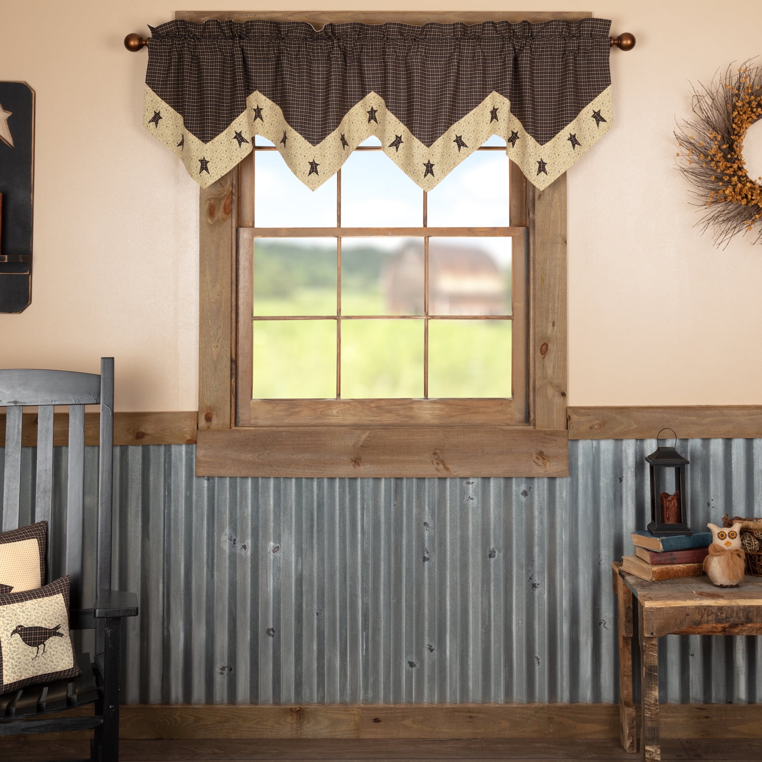 Kettle Grove Black and Khaki Star Valance, 20x72 Cotton