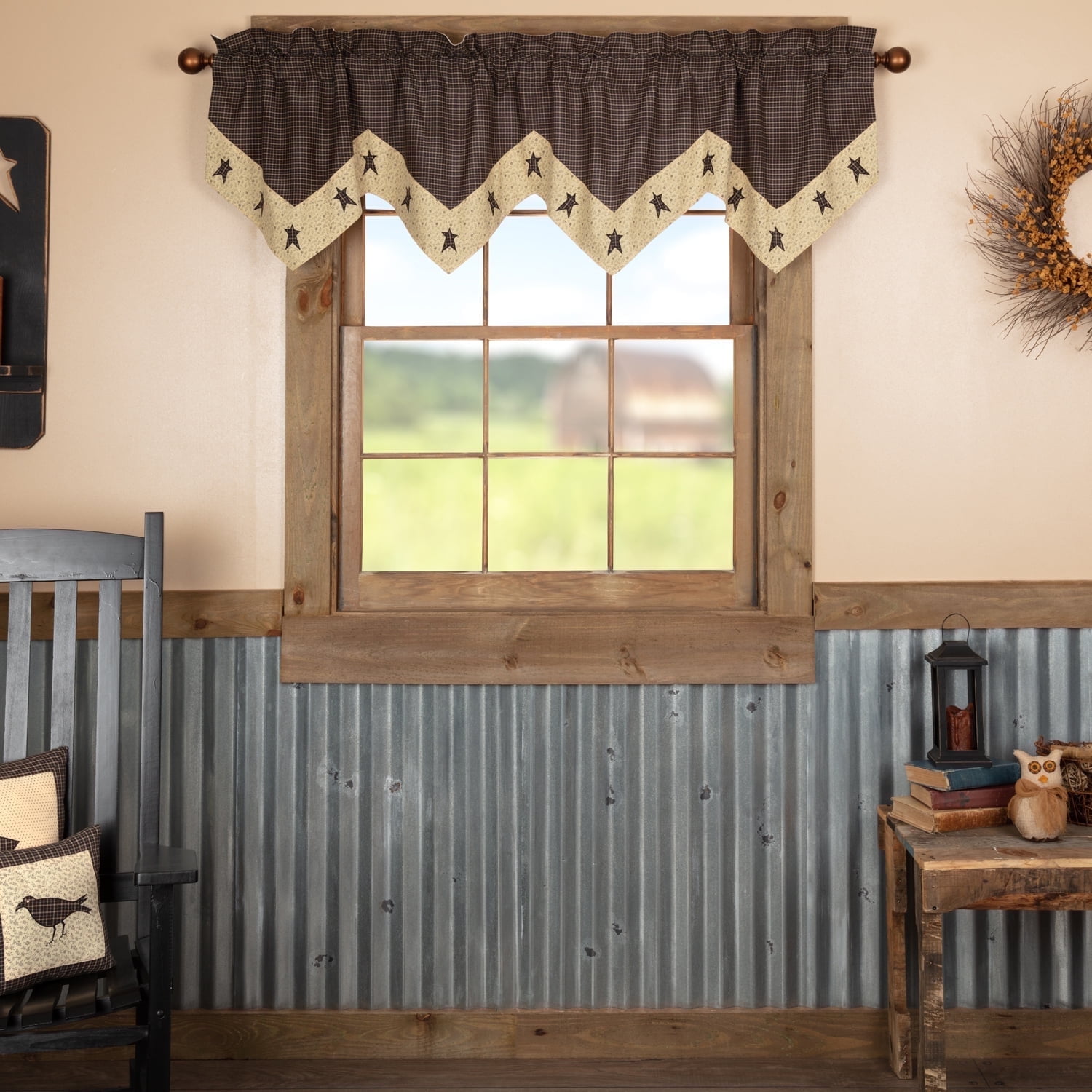 Kettle Grove Black and Khaki Star Valance, 20x72 Cotton