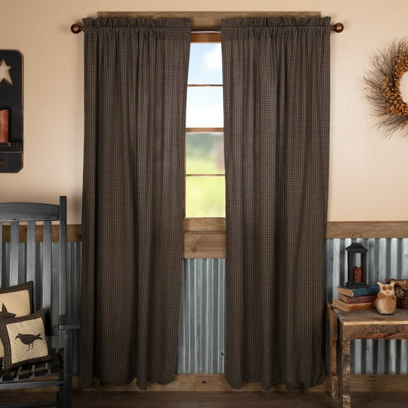 VHC Brands Kettle Grove Plaid Panel Scalloped Set of 2 84x40 Country Curtains, Country Black