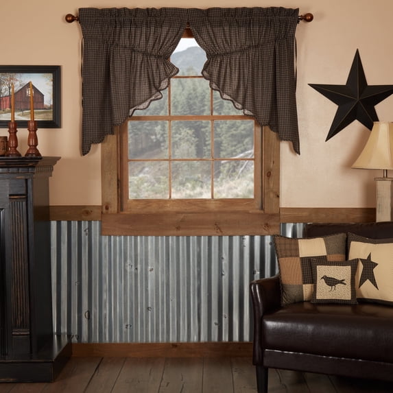 VHC Brands Kettle Grove Window Curtains, Plaid Prairie Swag Scalloped Set of 2 36x36x18