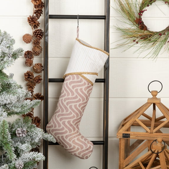 VHC Brands Magdalene Chevron Textured Cotton Glam Christmas Decor Fabric Loop Lace 20x11 Stocking, 20 x 11