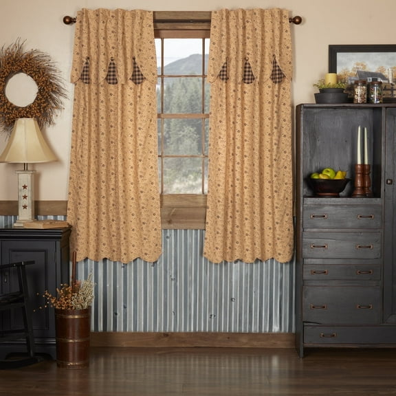 VHC Brands, Maisie, Cotton, 63x36, Short Panel Attached Scalloped Layered Valance, Set of 2, Tan