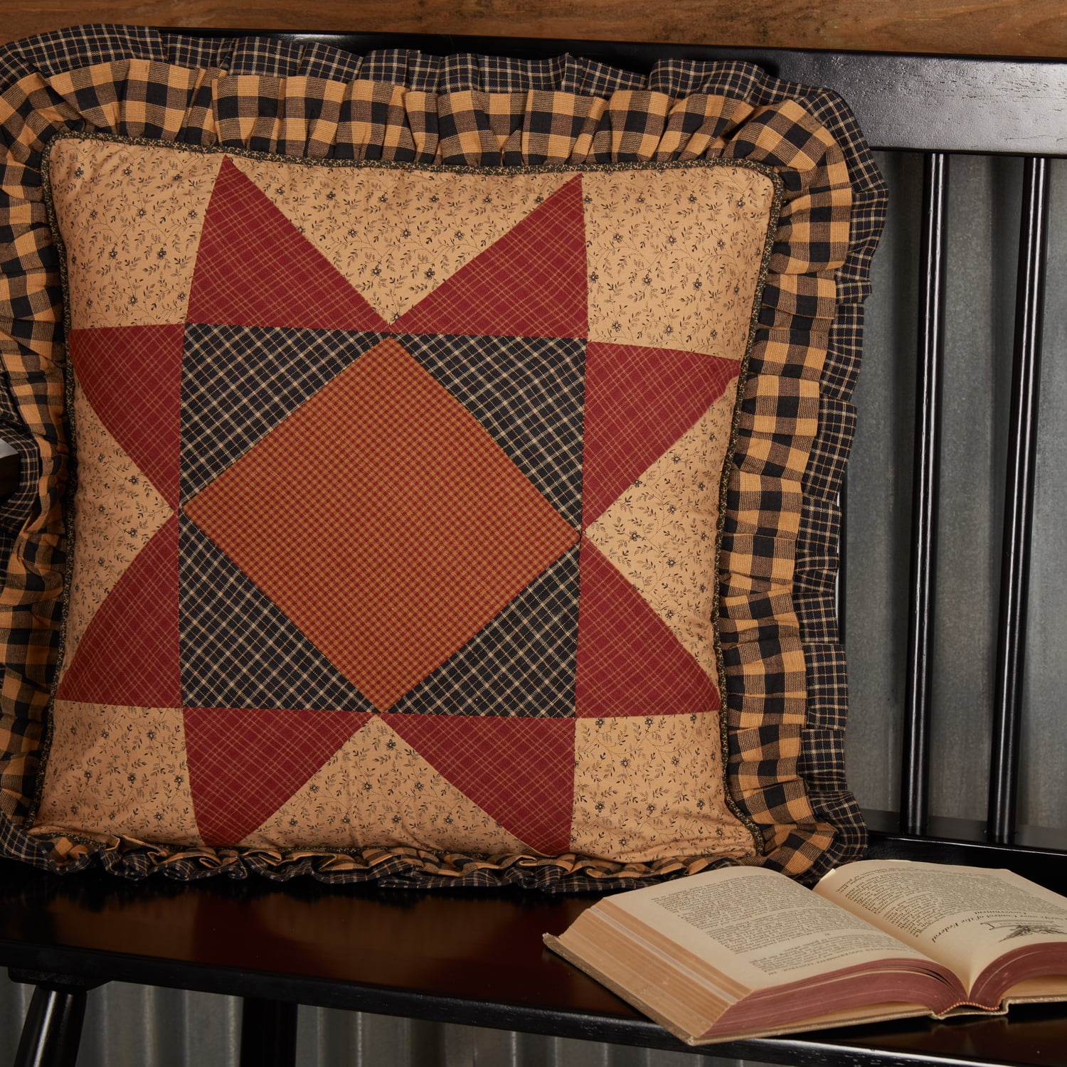 Maisie Patchwork Tan and Red Cotton Throw Pillow