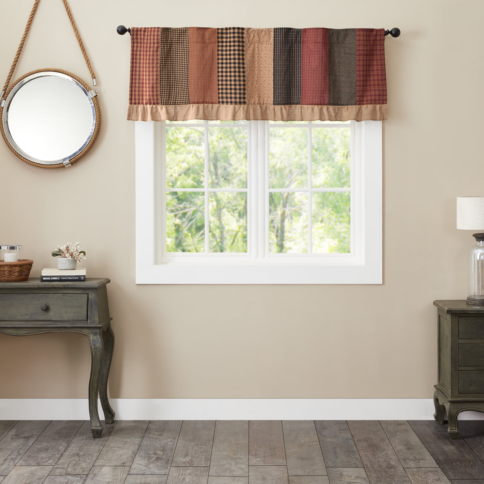 VHC Brands Maisie Primitive Country Kitchen Curtain, Red Patchwork Valance 19x60