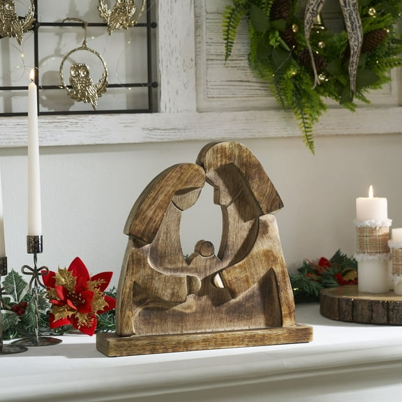 VHC Brands Mary and Joseph Dark Wooden Decor 12x11.5x2.75