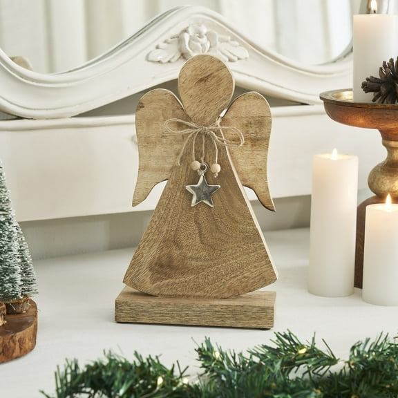 VHC Brands Metal Star Natural Wooden Angel 10.75x6.25x2.5