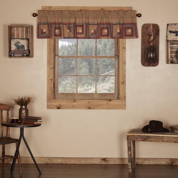 VHC Brands Millsboro Window Curtain, Valance Log Cabin Block Border, Tan, 16x72