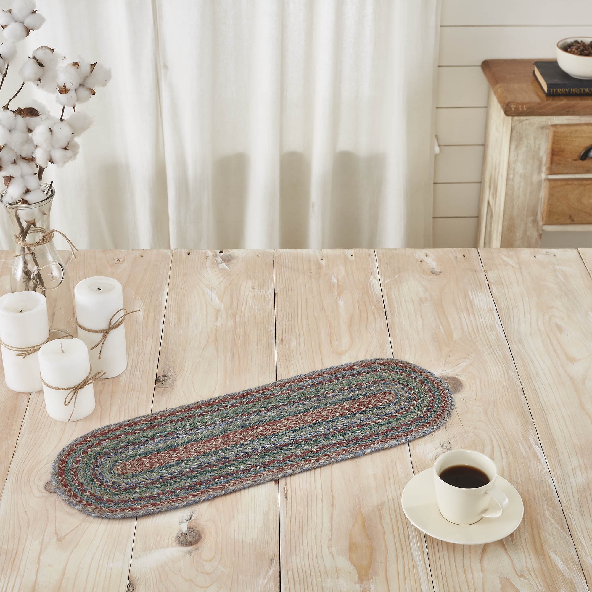 Green and Multicolor Braided Jute Oval Table Runner 8" x 24"