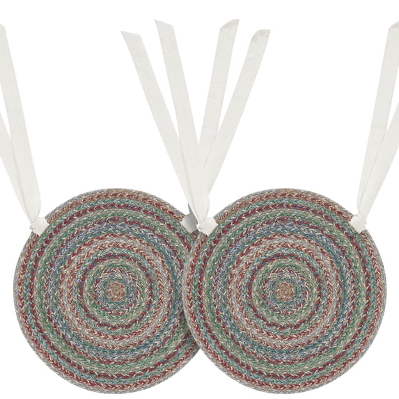 VHC Brands Multicolored Braided Jute Chair Pad with Ties for Dining Room Kitchen Decorative Seat Cover - 15" Round, Sage Burgundy Khaki, Set of 2