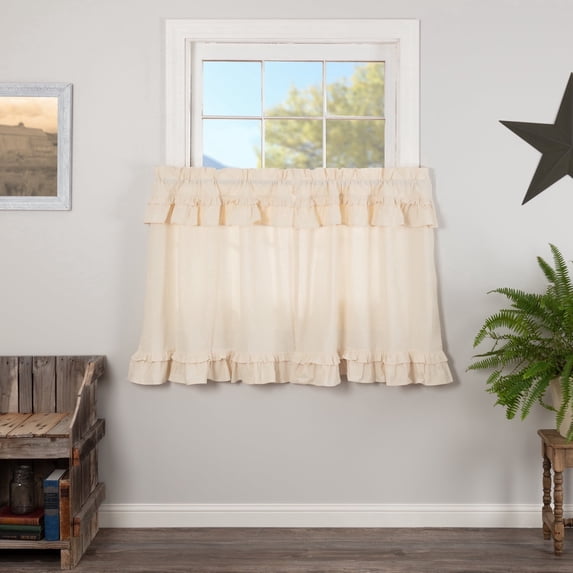 VHC Brands Muslin Ruffled Unbleached Natural Tan Tier Set of 2 Farmhouse Cotton Window Treatment for Living Room or Kitchen 36" Lx36 W