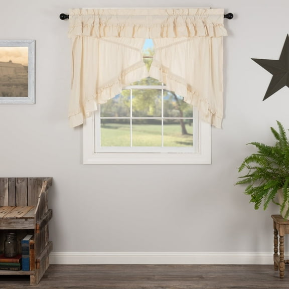 VHC Brands Muslin Ruffled Unbleached Natural Tan Prairie Swag Set of 2 Farmhouse Cotton Window Treatment for Living Room or Kitchen 36x36x18
